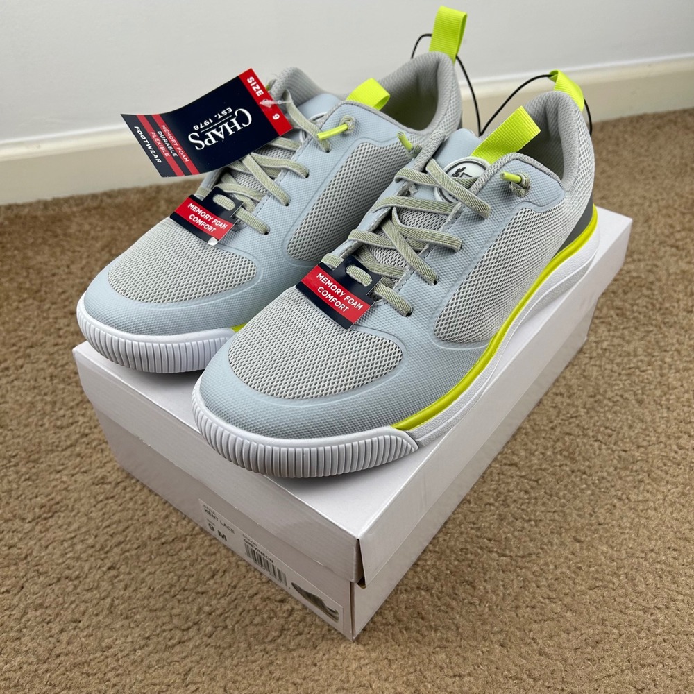 Chaps Kent Lace Mens Grey Neon Yellow‎ Memory Foam Athletic Sneakers Size 9 NEW